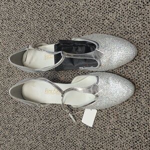 Silver glitter t-strap dance shoes
